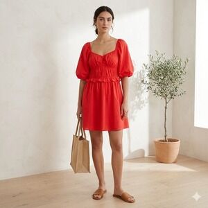 Bershka Puff Sleeve Mini Dress Womens Large Red Milkmaid Babydoll Cottagecore